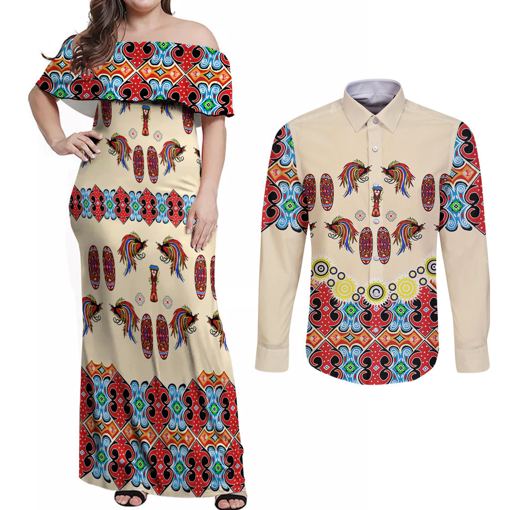 Papua Batik Motif Bird Of Paradise and Native Papuan Shield Couples Matching Off Shoulder Maxi Dress and Long Sleeve Button Shirt LT9 Beige - Polynesian Pride