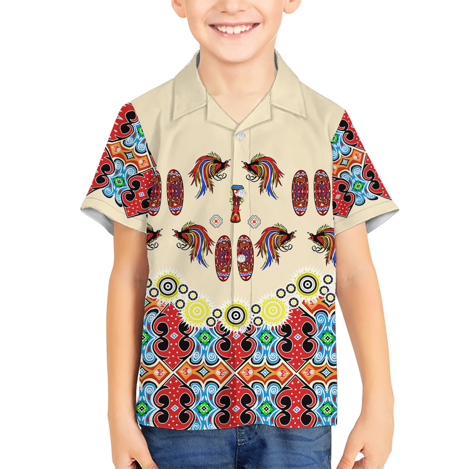 Papua Batik Motif Bird Of Paradise and Native Papuan Shield Kid Hawaiian Shirt LT9 Kid Beige - Polynesian Pride