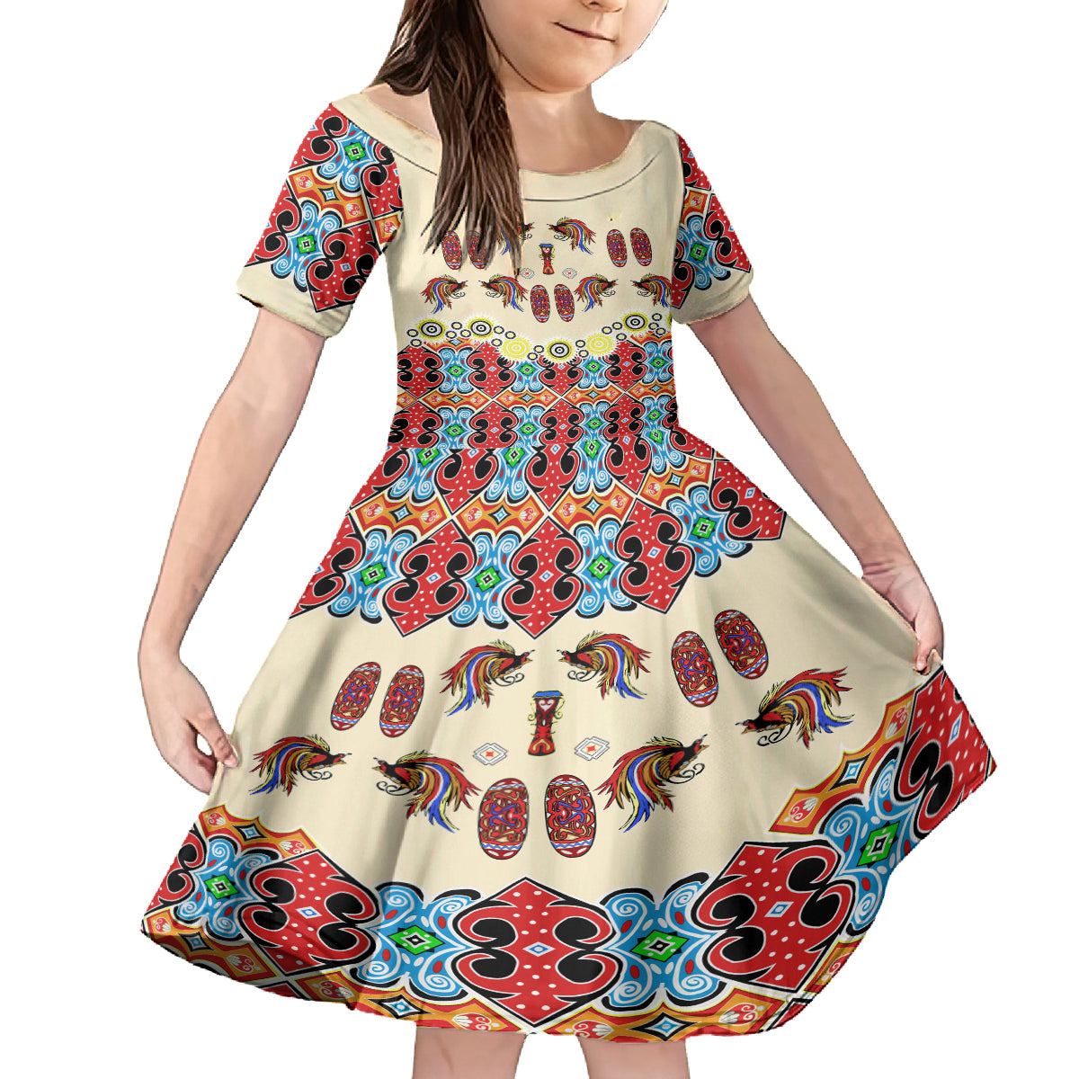 Papua Batik Motif Bird Of Paradise and Native Papuan Shield Kid Short Sleeve Dress LT9 KID Beige - Polynesian Pride