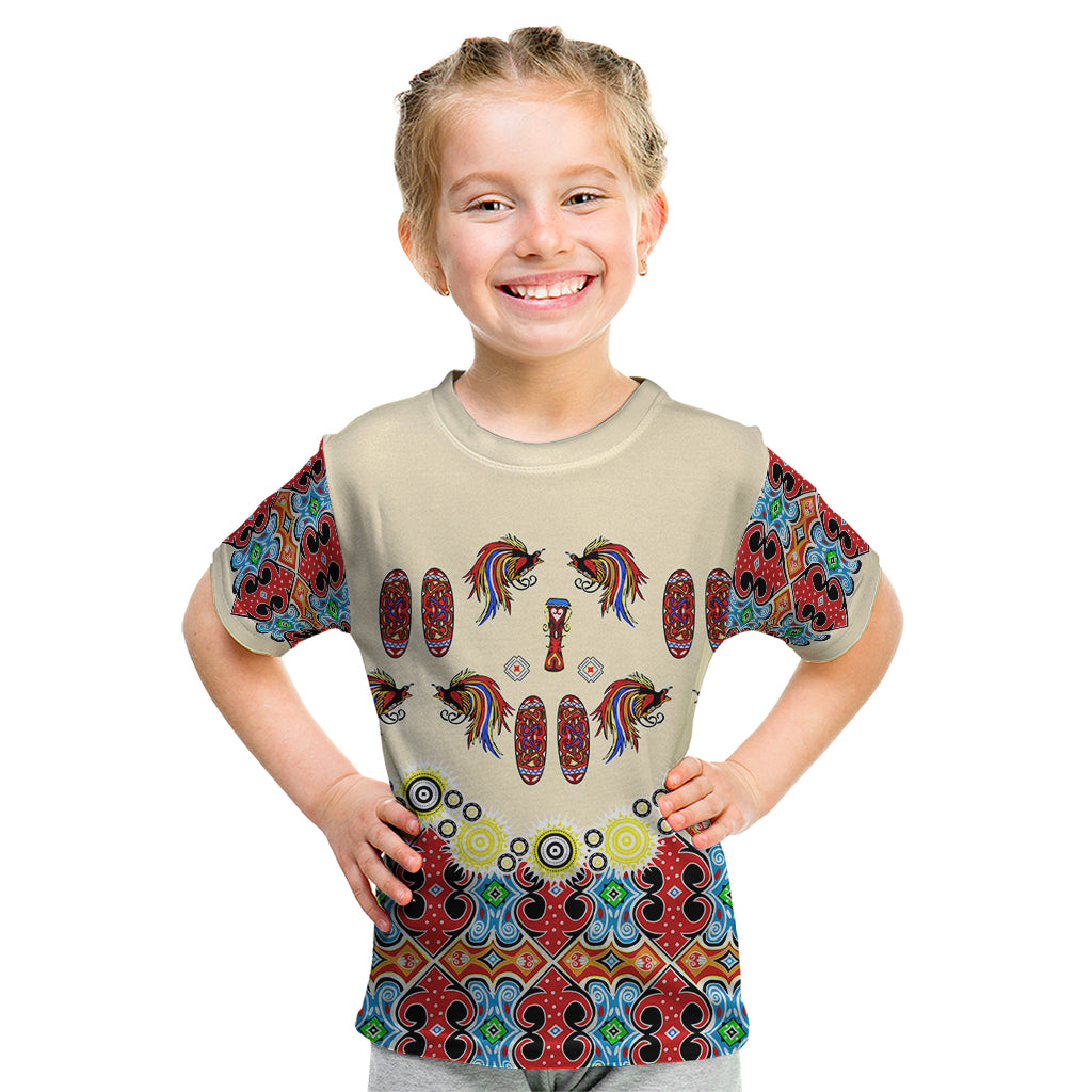 Papua Batik Motif Bird Of Paradise and Native Papuan Shield Kid T Shirt LT9 Beige - Polynesian Pride