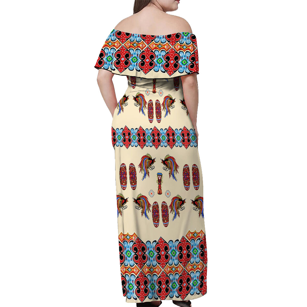 Papua Batik Motif Bird Of Paradise and Native Papuan Shield Off Shoulder Maxi Dress LT9 - Polynesian Pride