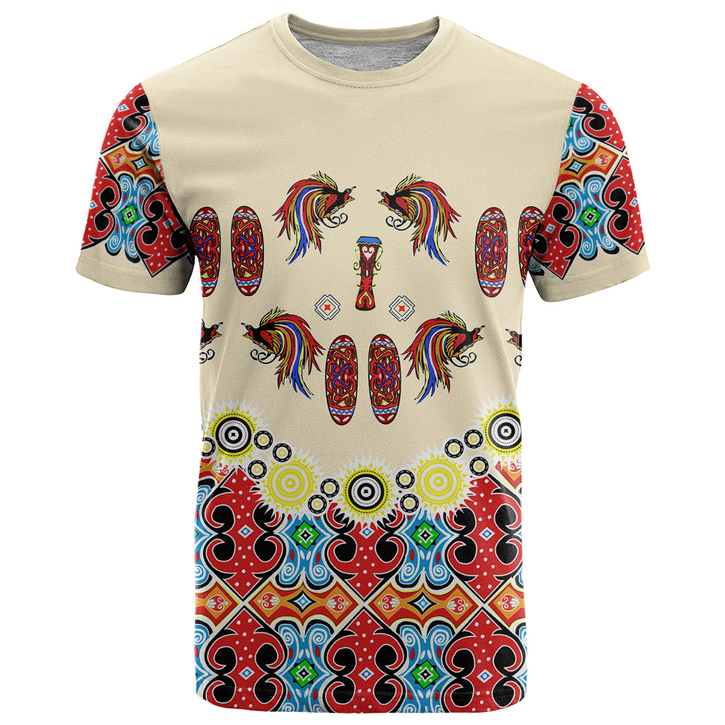 Papua Batik Motif Bird Of Paradise and Native Papuan Shield T Shirt LT9 Beige - Polynesian Pride