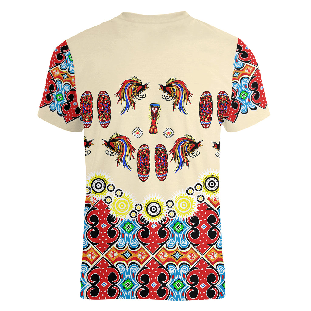 Papua Batik Motif Bird Of Paradise and Native Papuan Shield Women V Neck T Shirt LT9 - Polynesian Pride