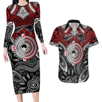 Aotearoa and Australia Couples Matching Long Sleeve Bodycon Dress and Hawaiian Shirt New Zealand Honour The Treaty Ake!Ake!Ake! LT9 Red - Polynesian Pride