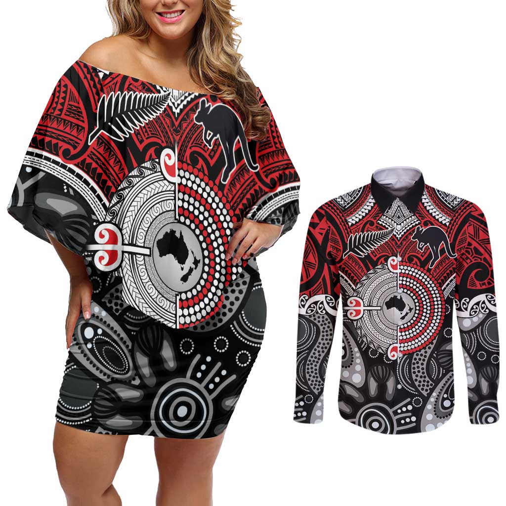 Aotearoa and Australia Couples Matching Off Shoulder Short Dress and Long Sleeve Button Shirt New Zealand Honour The Treaty Ake!Ake!Ake!