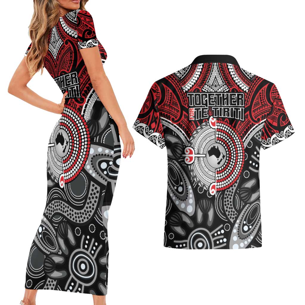 Aotearoa and Australia Couples Matching Short Sleeve Bodycon Dress and Hawaiian Shirt New Zealand Honour The Treaty Ake!Ake!Ake! LT9 - Polynesian Pride