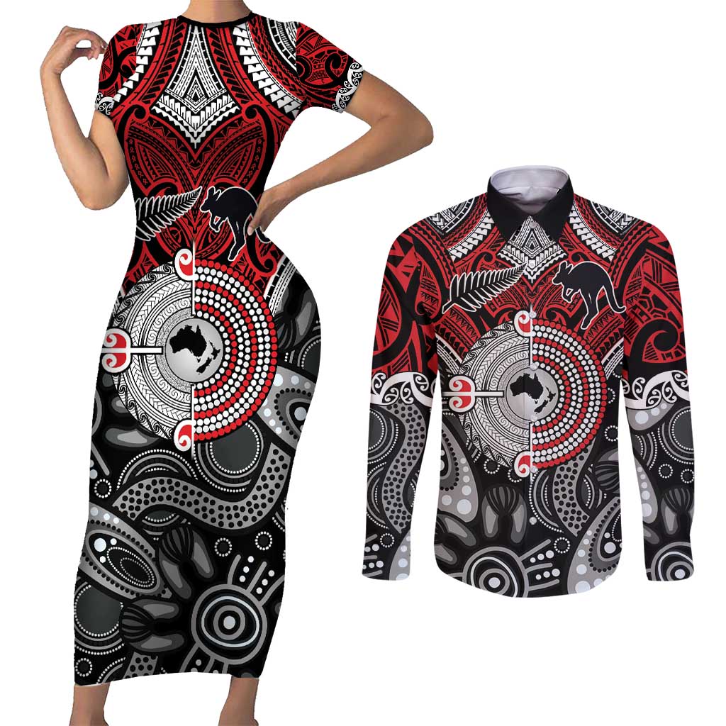 Aotearoa and Australia Couples Matching Short Sleeve Bodycon Dress and Long Sleeve Button Shirt New Zealand Honour The Treaty Ake!Ake!Ake!