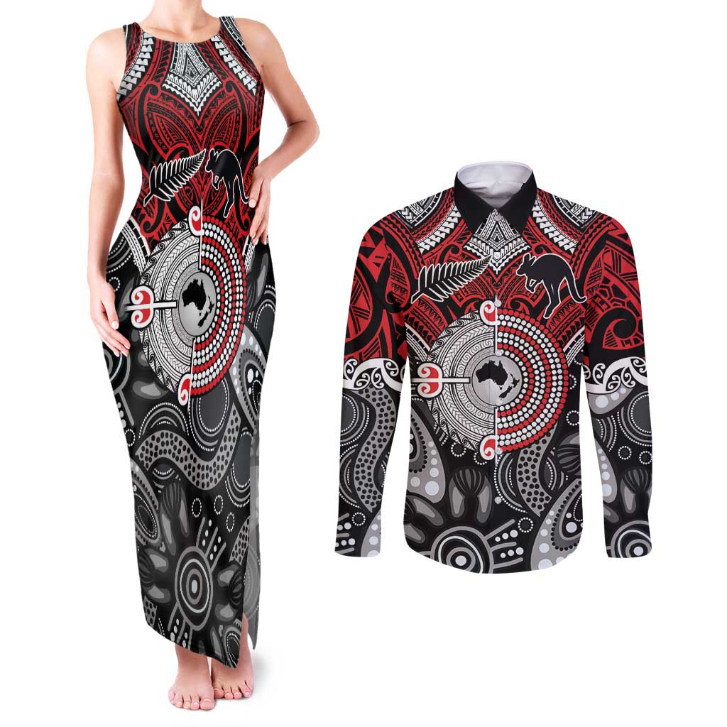 Aotearoa and Australia Couples Matching Tank Maxi Dress and Long Sleeve Button Shirt New Zealand Honour The Treaty Ake!Ake!Ake!