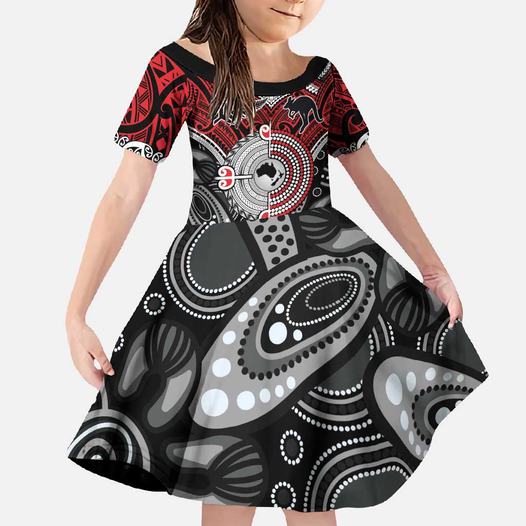 Aotearoa and Australia Family Matching Long Sleeve Bodycon Dress and Hawaiian Shirt New Zealand Honour The Treaty Ake!Ake!Ake! LT9 Daughter's Dress Red - Polynesian Pride