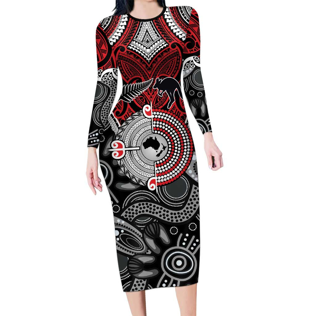 Aotearoa and Australia Family Matching Long Sleeve Bodycon Dress and Hawaiian Shirt New Zealand Honour The Treaty Ake!Ake!Ake! LT9 Mom's Dress Red - Polynesian Pride