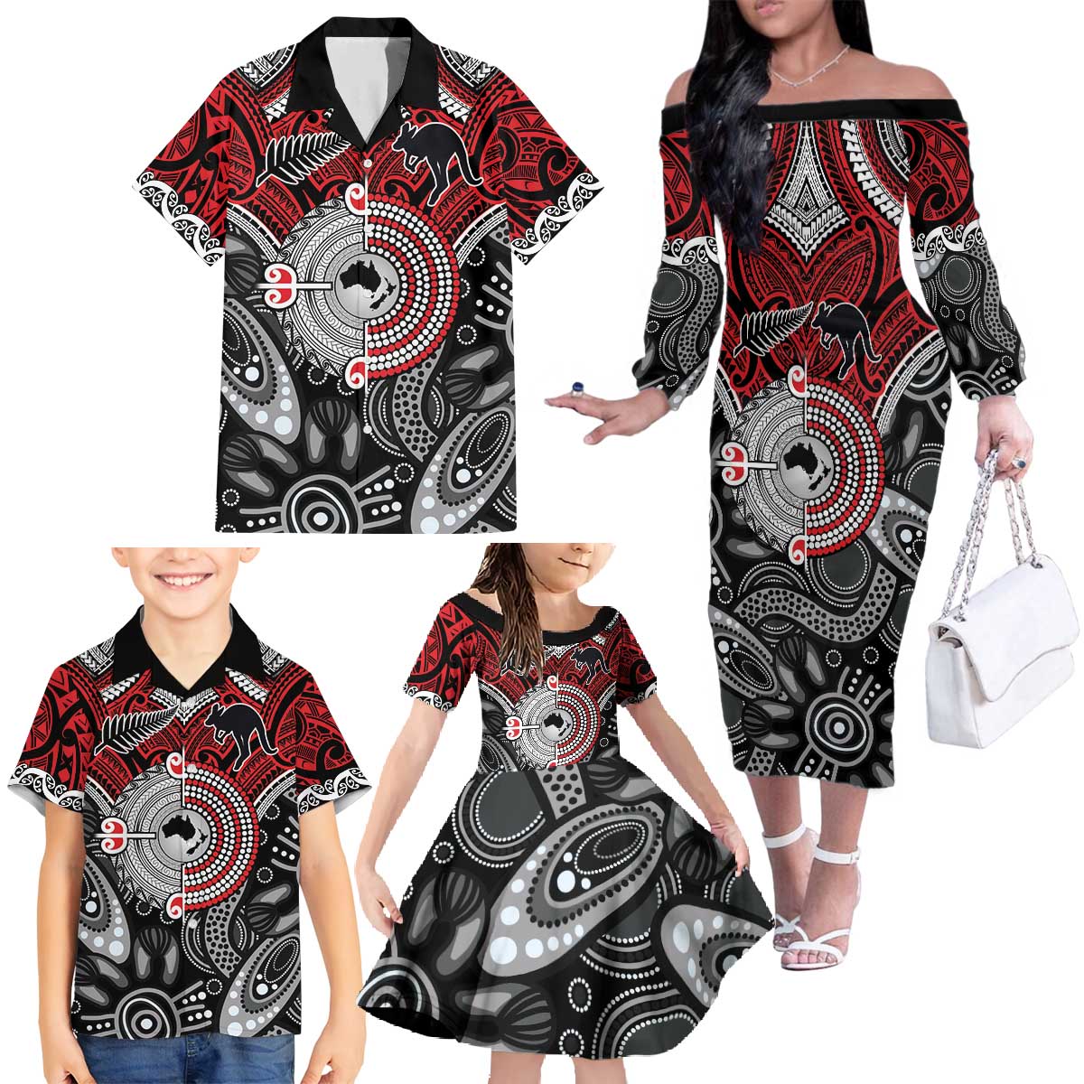 Aotearoa and Australia Family Matching Off The Shoulder Long Sleeve Dress and Hawaiian Shirt New Zealand Honour The Treaty Ake!Ake!Ake! LT9 - Polynesian Pride