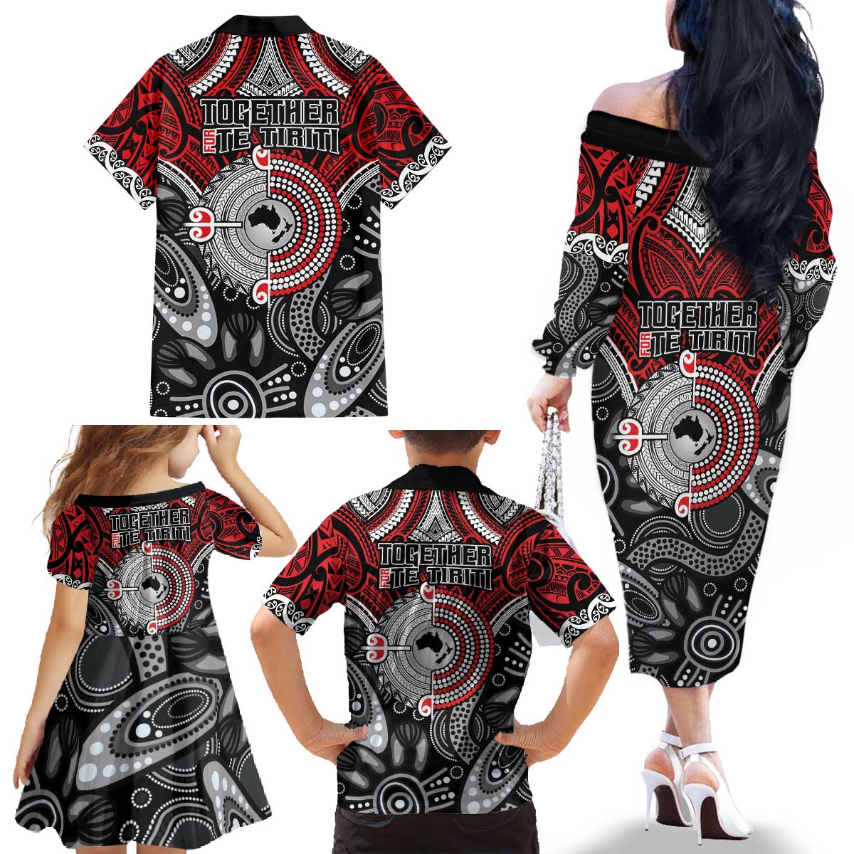 Aotearoa and Australia Family Matching Off The Shoulder Long Sleeve Dress and Hawaiian Shirt New Zealand Honour The Treaty Ake!Ake!Ake! LT9 - Polynesian Pride