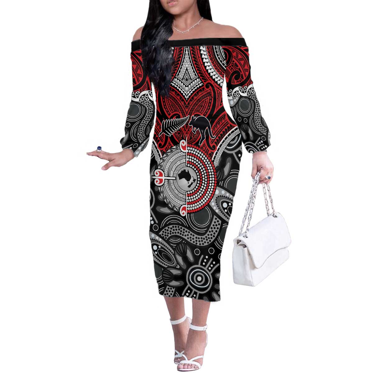 Aotearoa and Australia Family Matching Off The Shoulder Long Sleeve Dress and Hawaiian Shirt New Zealand Honour The Treaty Ake!Ake!Ake! LT9 Mom's Dress Red - Polynesian Pride