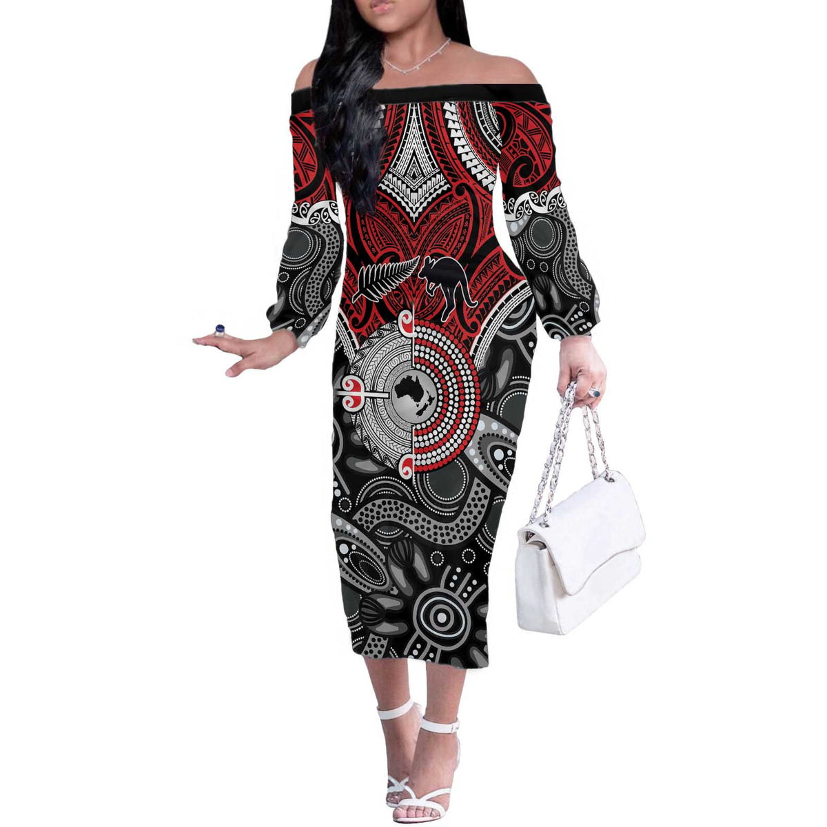Aotearoa and Australia Off The Shoulder Long Sleeve Dress New Zealand Honour The Treaty Ake!Ake!Ake! LT9 Women Red - Polynesian Pride