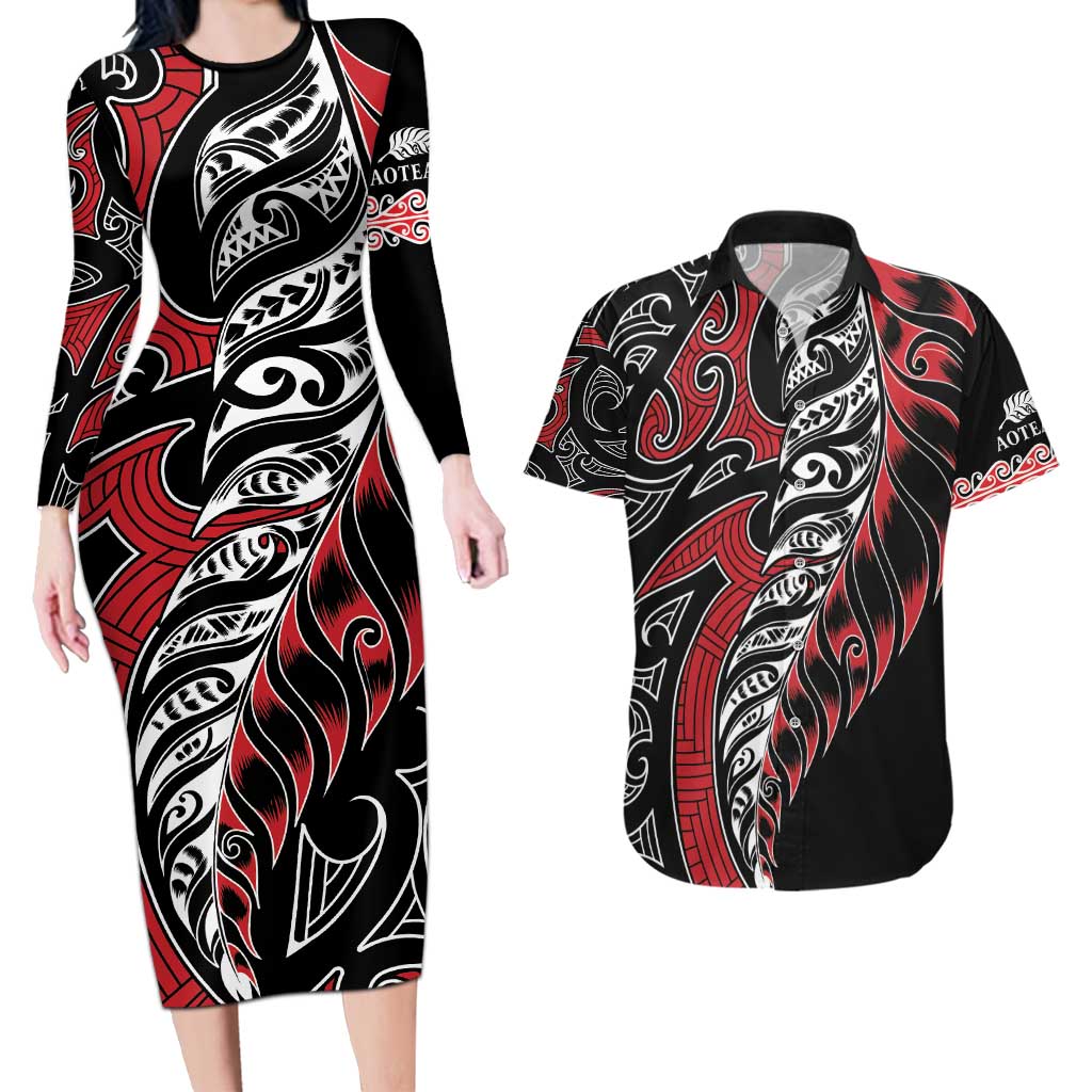 Koru Fern New Zealand Couples Matching Long Sleeve Bodycon Dress and Hawaiian Shirt Maori Tribal Pattern LT9 Red - Polynesian Pride