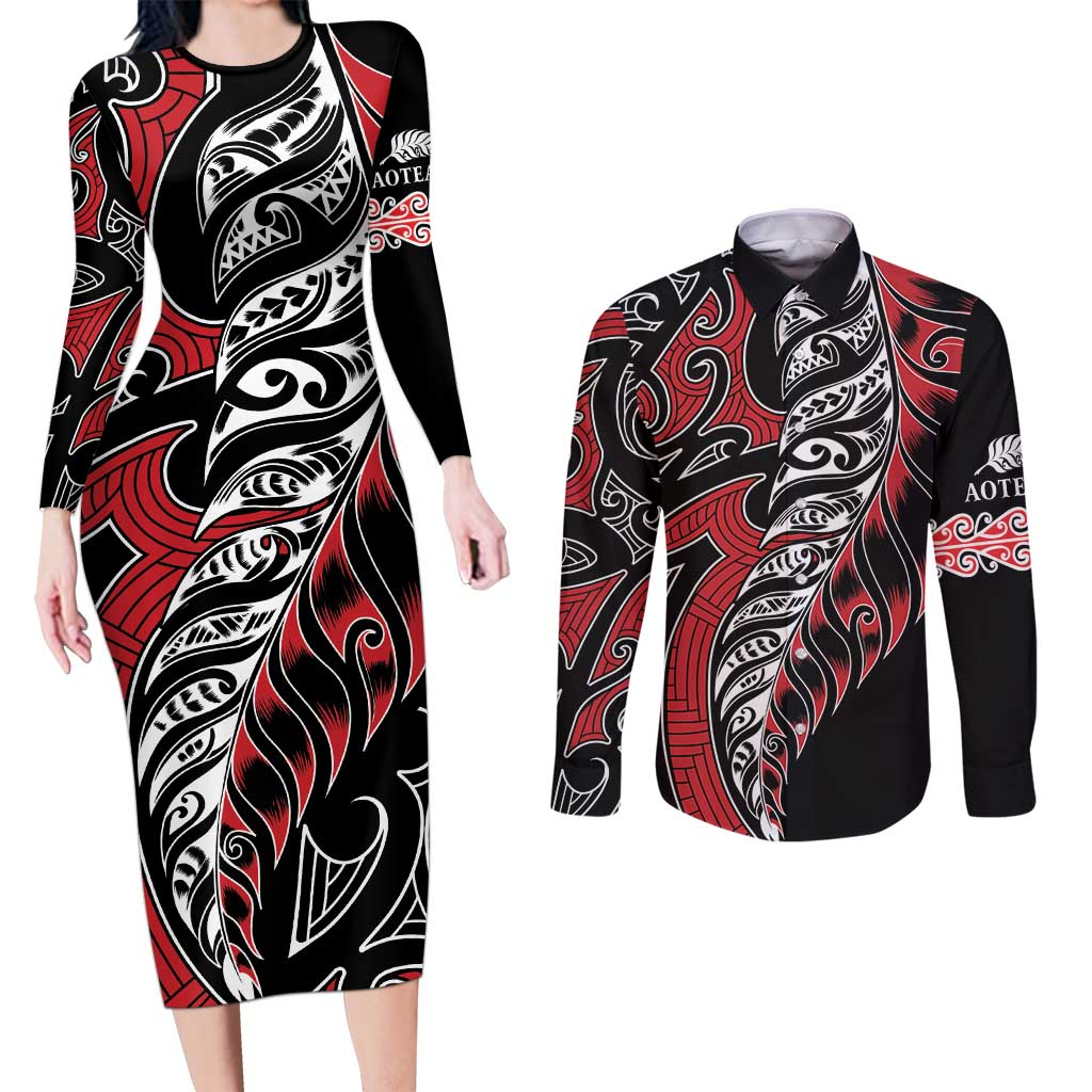 Koru Fern New Zealand Couples Matching Long Sleeve Bodycon Dress and Long Sleeve Button Shirt Maori Tribal Pattern