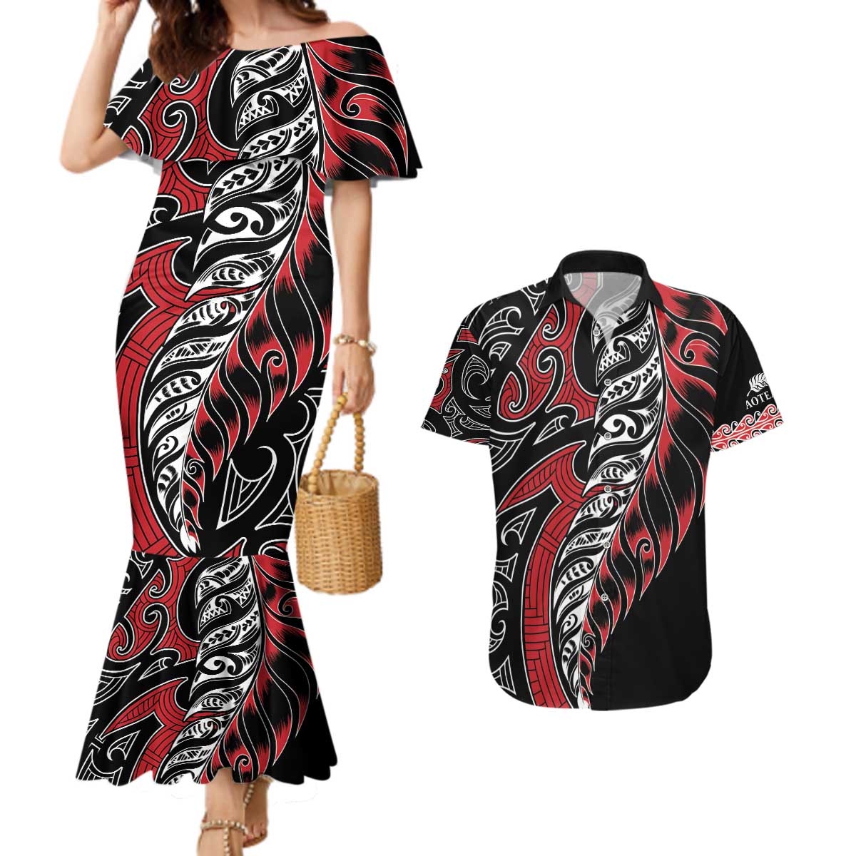 Koru Fern New Zealand Couples Matching Mermaid Dress and Hawaiian Shirt Maori Tribal Pattern LT9 Red - Polynesian Pride