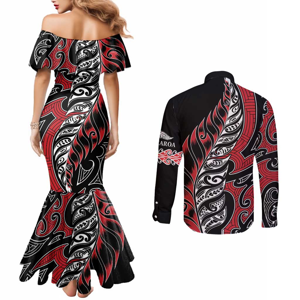 Koru Fern New Zealand Couples Matching Mermaid Dress and Long Sleeve Button Shirt Maori Tribal Pattern