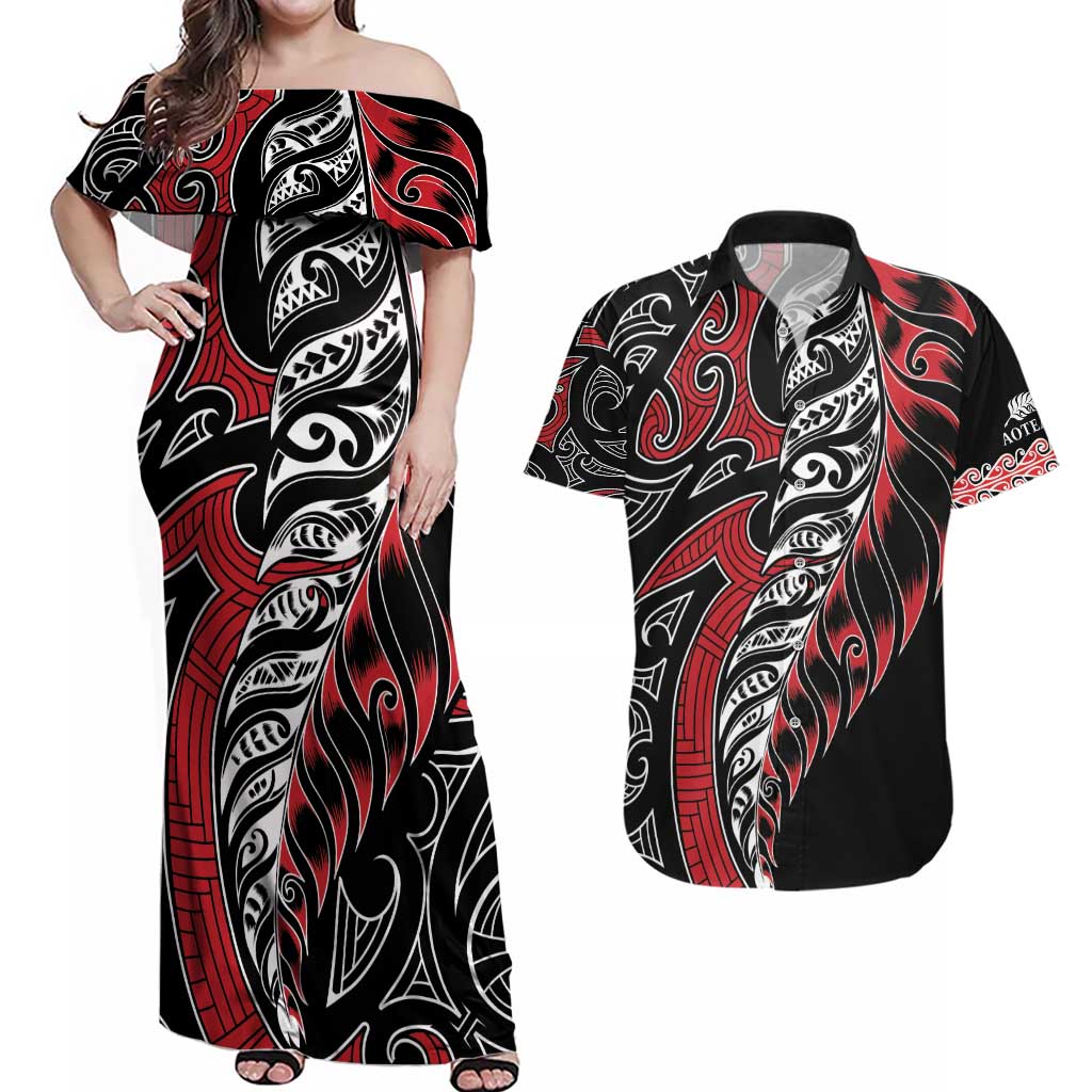 Koru Fern New Zealand Couples Matching Off Shoulder Maxi Dress and Hawaiian Shirt Maori Tribal Pattern LT9 Red - Polynesian Pride