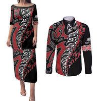 Koru Fern New Zealand Couples Matching Puletasi and Long Sleeve Button Shirt Maori Tribal Pattern