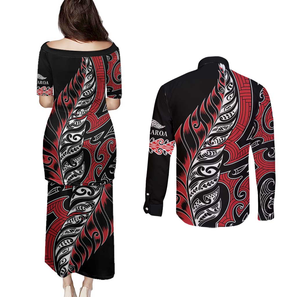 Koru Fern New Zealand Couples Matching Puletasi and Long Sleeve Button Shirt Maori Tribal Pattern