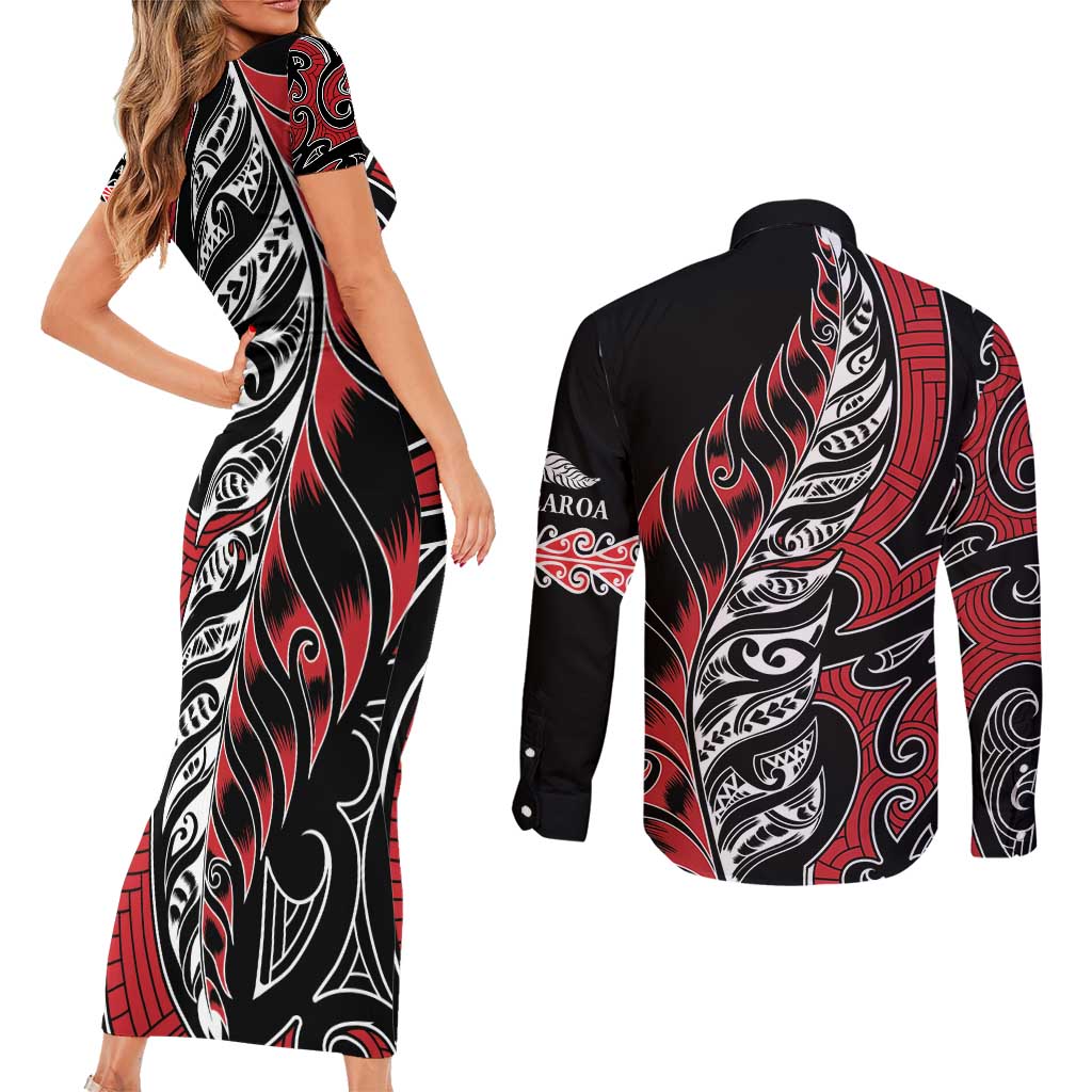Koru Fern New Zealand Couples Matching Short Sleeve Bodycon Dress and Long Sleeve Button Shirt Maori Tribal Pattern