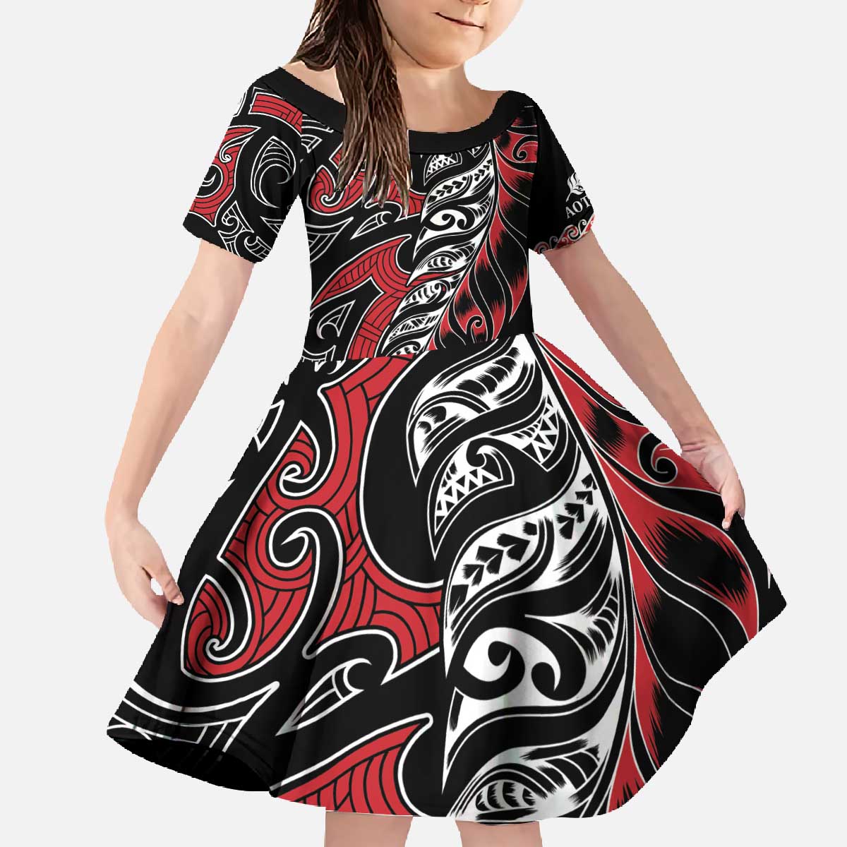 Koru Fern New Zealand Family Matching Off The Shoulder Long Sleeve Dress and Hawaiian Shirt Maori Tribal Pattern LT9 Daughter's Dress Red - Polynesian Pride