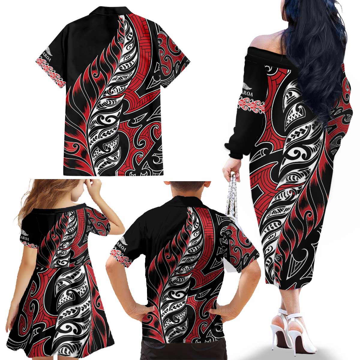 Koru Fern New Zealand Family Matching Off The Shoulder Long Sleeve Dress and Hawaiian Shirt Maori Tribal Pattern LT9 - Polynesian Pride
