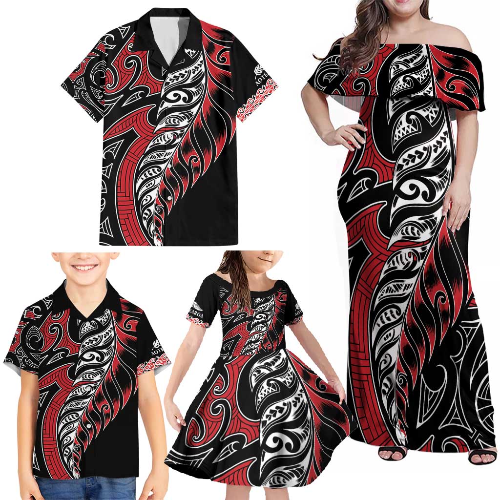 Koru Fern New Zealand Family Matching Off Shoulder Maxi Dress and Hawaiian Shirt Maori Tribal Pattern LT9 - Polynesian Pride