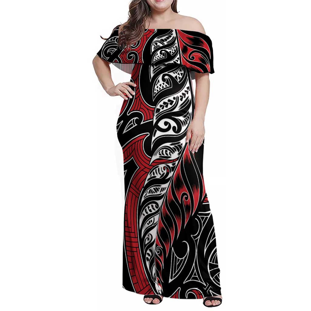 Koru Fern New Zealand Family Matching Off Shoulder Maxi Dress and Hawaiian Shirt Maori Tribal Pattern LT9 Mom's Dress Red - Polynesian Pride