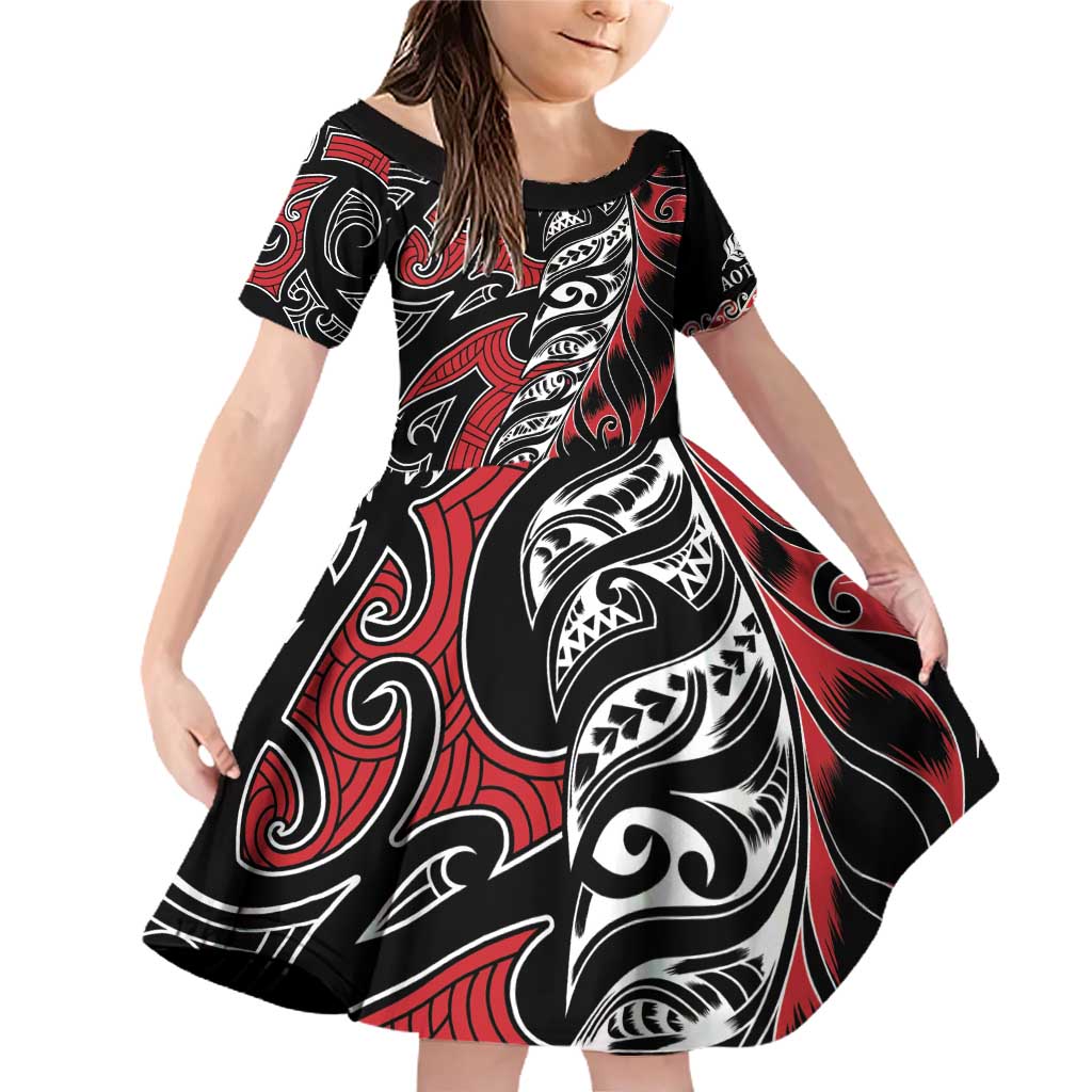 Koru Fern New Zealand Family Matching Off Shoulder Short Dress and Hawaiian Shirt Maori Tribal Pattern LT9 Daughter's Dress Red - Polynesian Pride