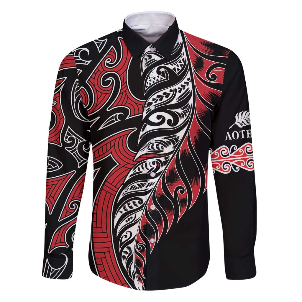 Koru Fern New Zealand Family Matching Puletasi and Hawaiian Shirt Maori Tribal Pattern LT9 Dad's Shirt - Long Sleeve Red - Polynesian Pride