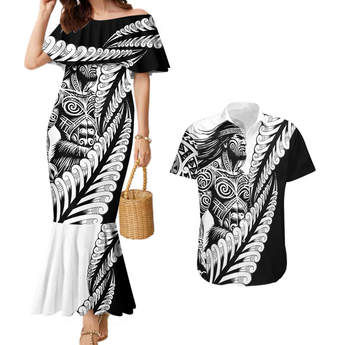 Koru Fern New Zealand Maori Tribal Warrior Couples Matching Mermaid Dress and Hawaiian Shirt LT9 Black - Polynesian Pride