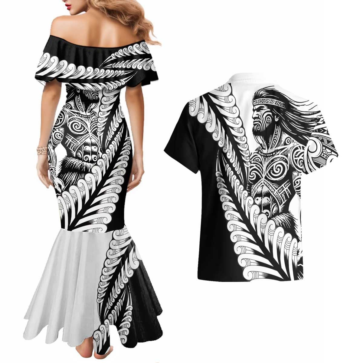 Koru Fern New Zealand Maori Tribal Warrior Couples Matching Mermaid Dress and Hawaiian Shirt LT9 - Polynesian Pride