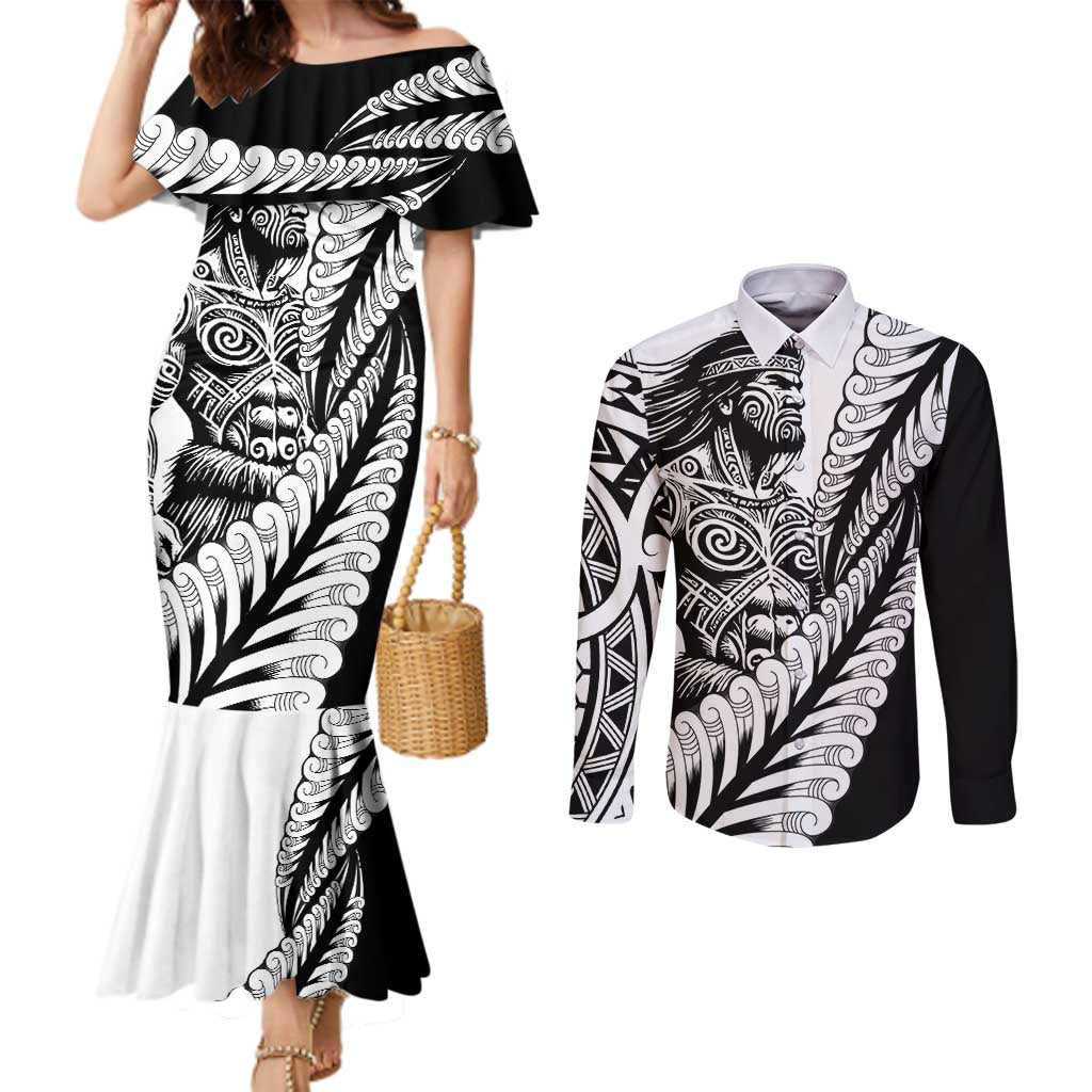 Koru Fern New Zealand Maori Tribal Warrior Couples Matching Mermaid Dress and Long Sleeve Button Shirt