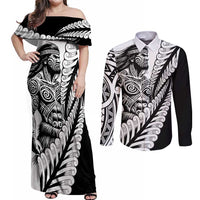 Koru Fern New Zealand Maori Tribal Warrior Couples Matching Off Shoulder Maxi Dress and Long Sleeve Button Shirt