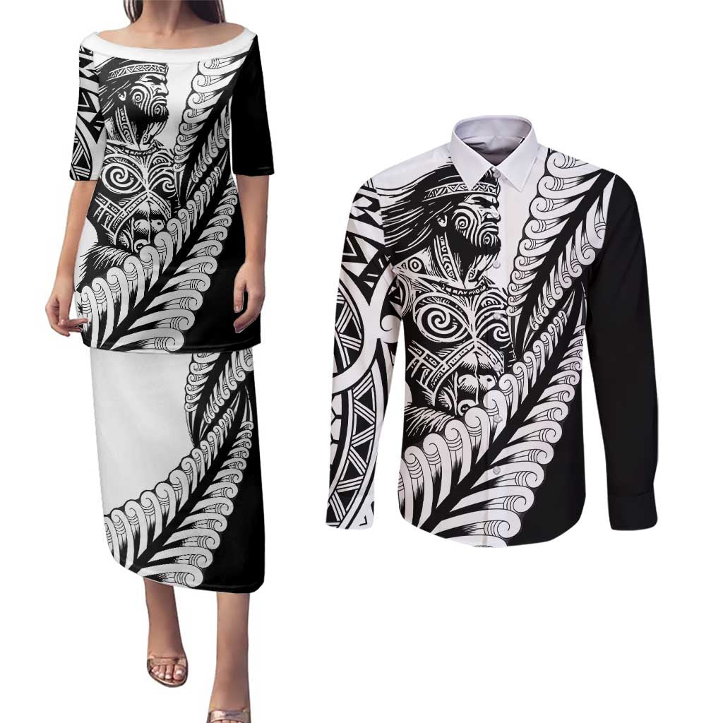 Koru Fern New Zealand Maori Tribal Warrior Couples Matching Puletasi and Long Sleeve Button Shirt