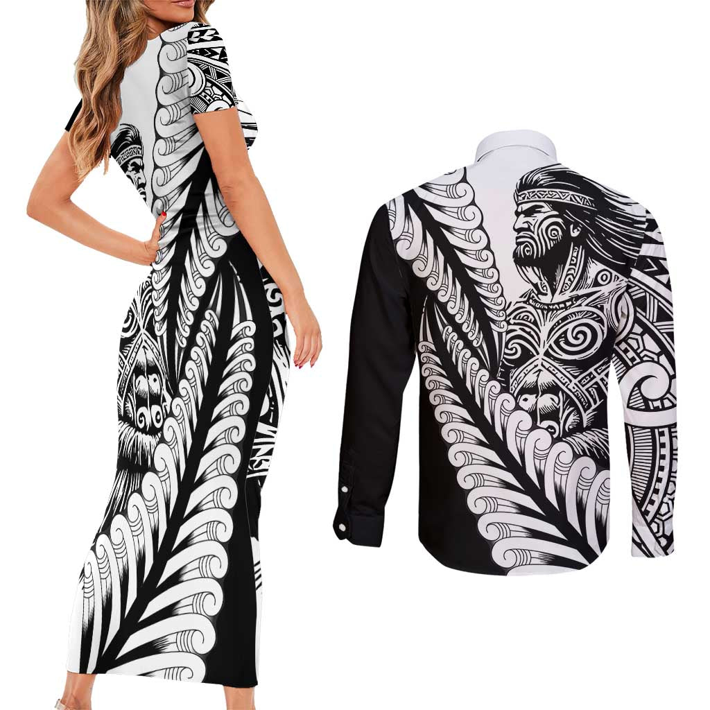 Koru Fern New Zealand Maori Tribal Warrior Couples Matching Short Sleeve Bodycon Dress and Long Sleeve Button Shirt