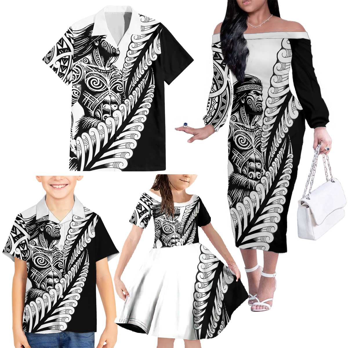 Koru Fern New Zealand Maori Tribal Warrior Family Matching Off The Shoulder Long Sleeve Dress and Hawaiian Shirt LT9 - Polynesian Pride