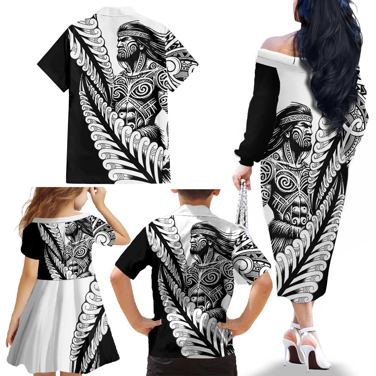 Koru Fern New Zealand Maori Tribal Warrior Family Matching Off The Shoulder Long Sleeve Dress and Hawaiian Shirt LT9 - Polynesian Pride