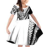Koru Fern New Zealand Maori Tribal Warrior Family Matching Off Shoulder Short Dress and Hawaiian Shirt LT9 Daughter's Dress Black - Polynesian Pride