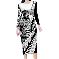 Koru Fern New Zealand Maori Tribal Warrior Long Sleeve Bodycon Dress LT9 Long Dress Black - Polynesian Pride