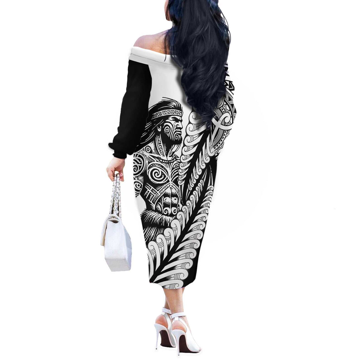 Koru Fern New Zealand Maori Tribal Warrior Off The Shoulder Long Sleeve Dress LT9 - Polynesian Pride
