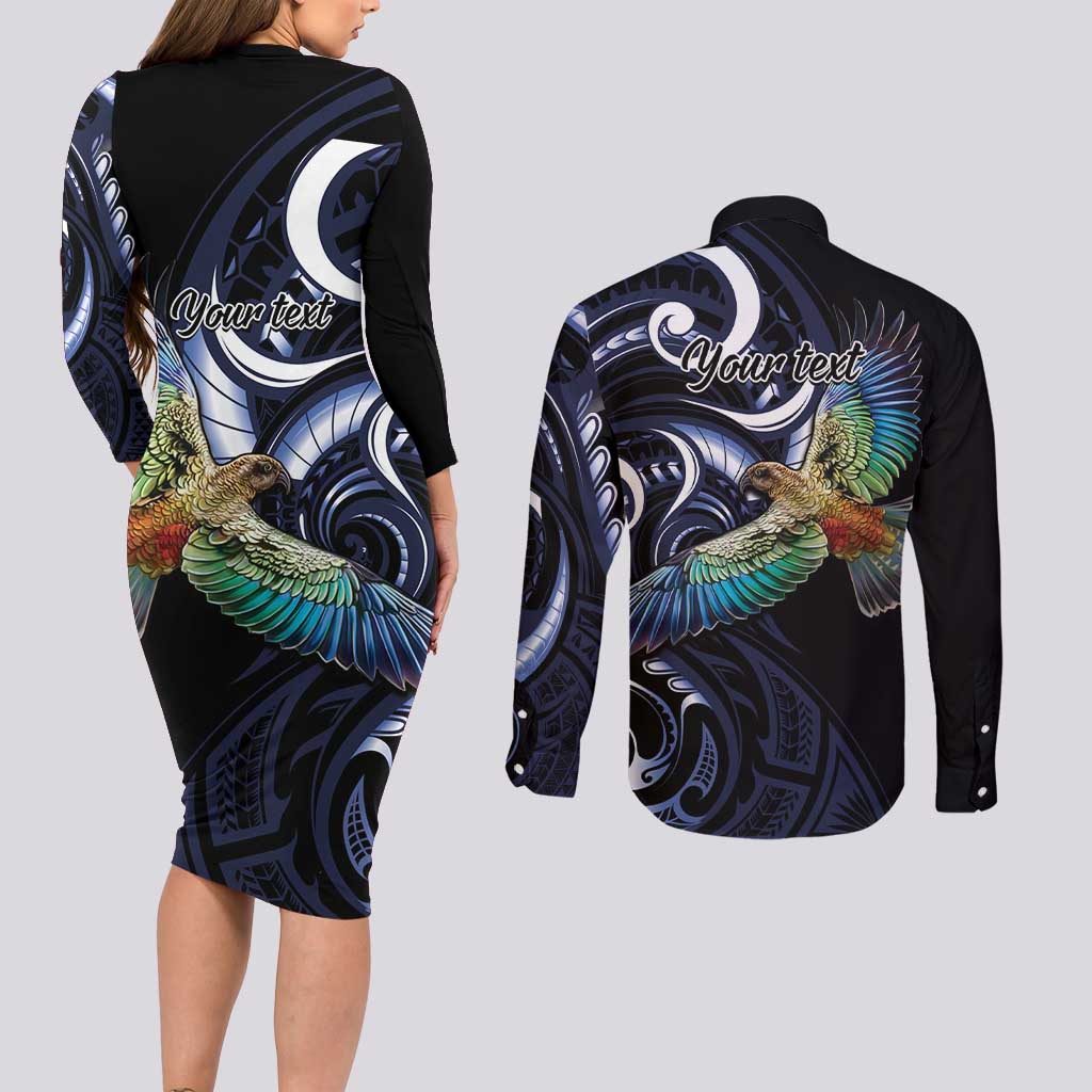 New Zealand Kea Bird Personalised Couples Matching Long Sleeve Bodycon Dress and Long Sleeve Button Shirt Maori Tribal Koru Art