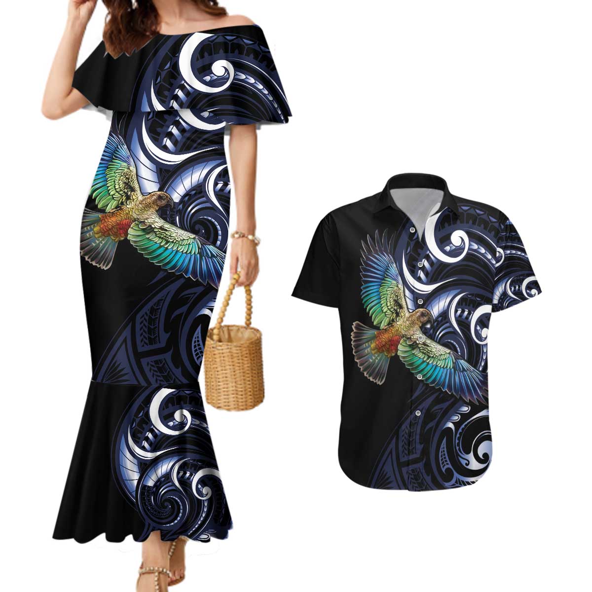 New Zealand Kea Bird Personalised Couples Matching Mermaid Dress and Hawaiian Shirt Maori Tribal Koru Art LT9 Blue - Polynesian Pride