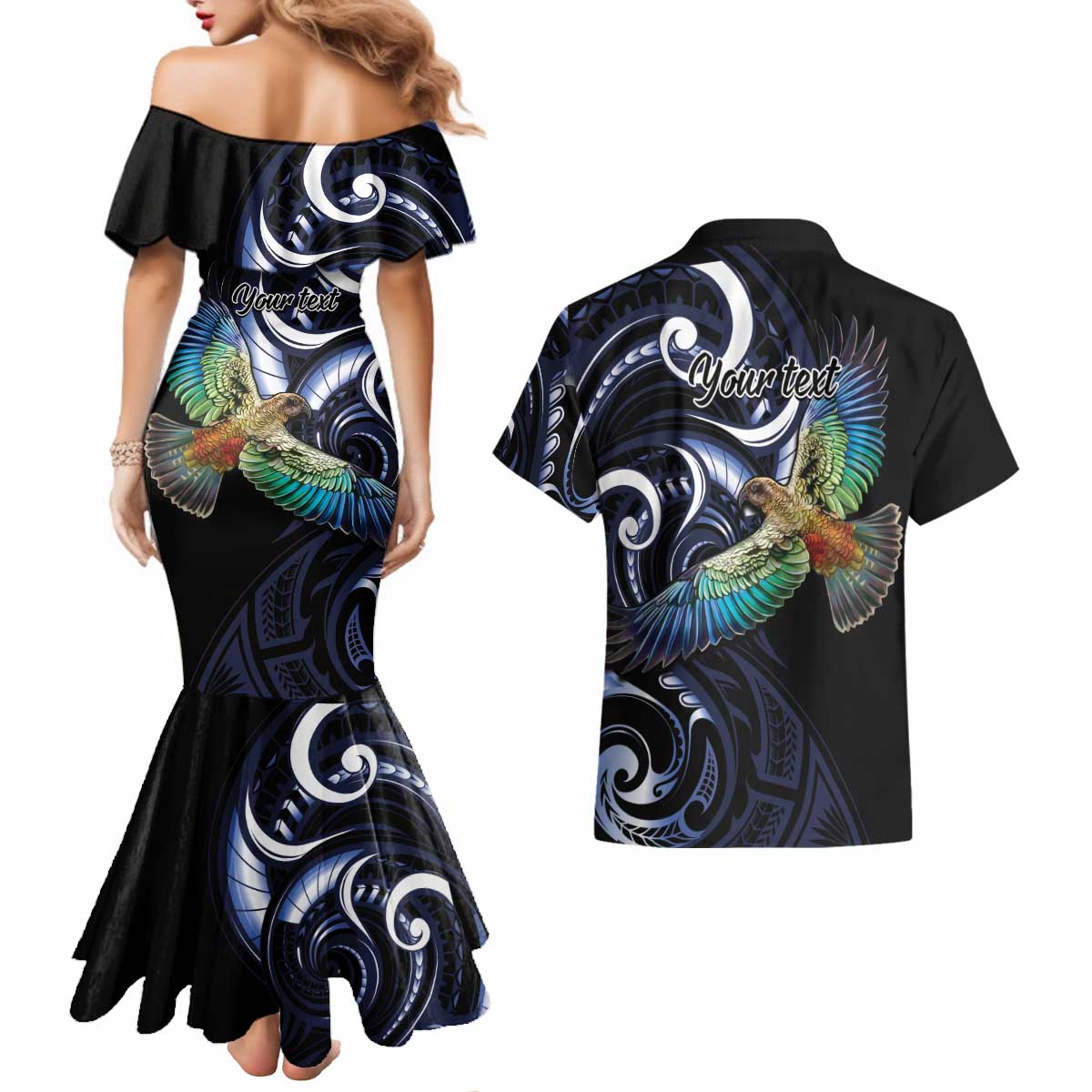 New Zealand Kea Bird Personalised Couples Matching Mermaid Dress and Hawaiian Shirt Maori Tribal Koru Art LT9 - Polynesian Pride