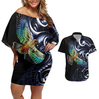 New Zealand Kea Bird Personalised Couples Matching Off Shoulder Short Dress and Hawaiian Shirt Maori Tribal Koru Art
