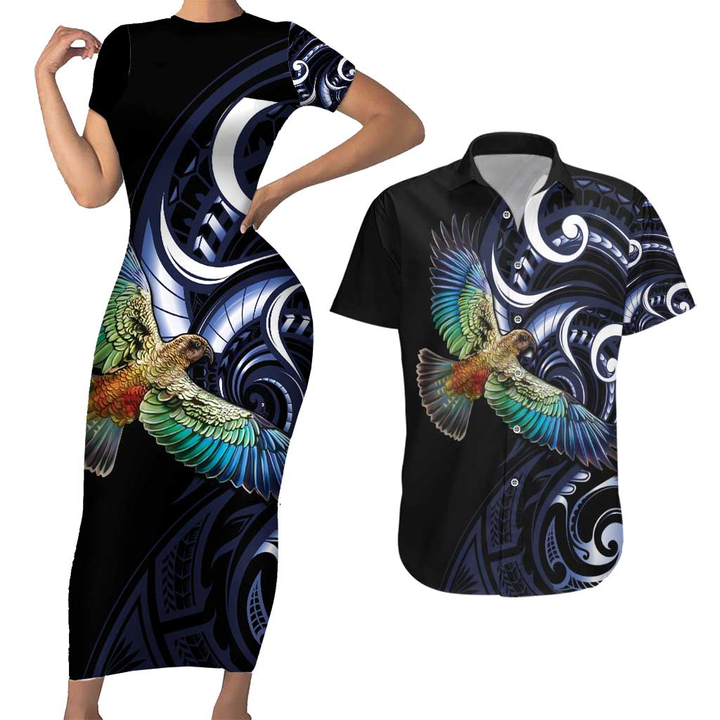 New Zealand Kea Bird Personalised Couples Matching Short Sleeve Bodycon Dress and Hawaiian Shirt Maori Tribal Koru Art LT9 Blue - Polynesian Pride