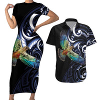 New Zealand Kea Bird Personalised Couples Matching Short Sleeve Bodycon Dress and Hawaiian Shirt Maori Tribal Koru Art LT9 Blue - Polynesian Pride