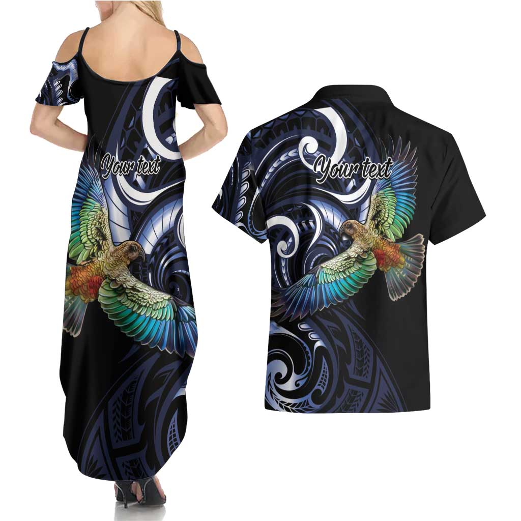New Zealand Kea Bird Personalised Couples Matching Summer Maxi Dress and Hawaiian Shirt Maori Tribal Koru Art